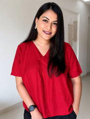 Women Rayon Slub Solid V-Neck Regular Fit Casual Top (W1745)