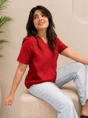 Women Rayon Solid V-Neck Casual Regular Fit Top (W1745)