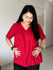 Women Rayon Slub Solid V-Neck Regular Fit Casual Top (W1745)