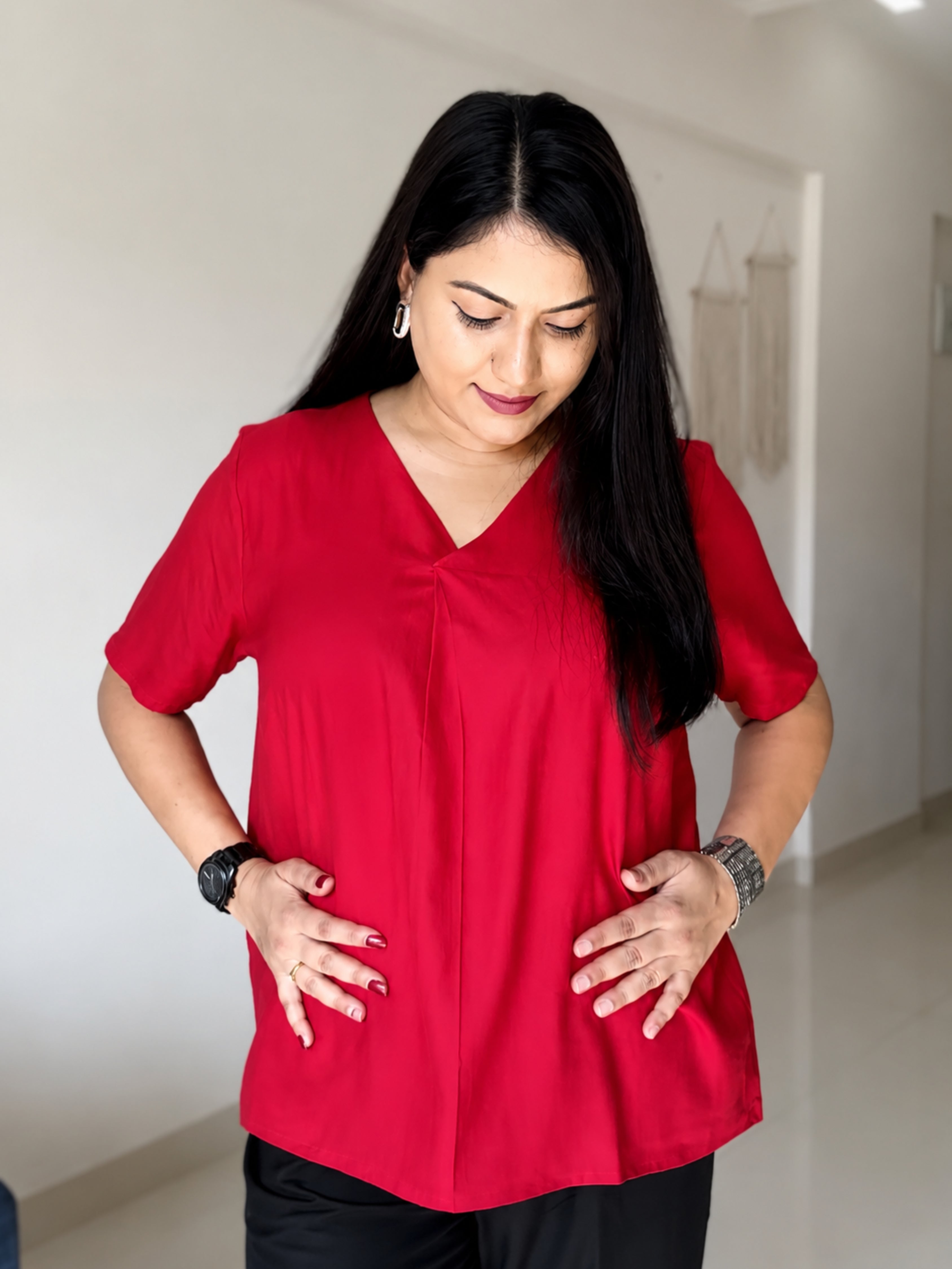 Women Rayon Slub Solid V-Neck Regular Fit Casual Top (W1745)