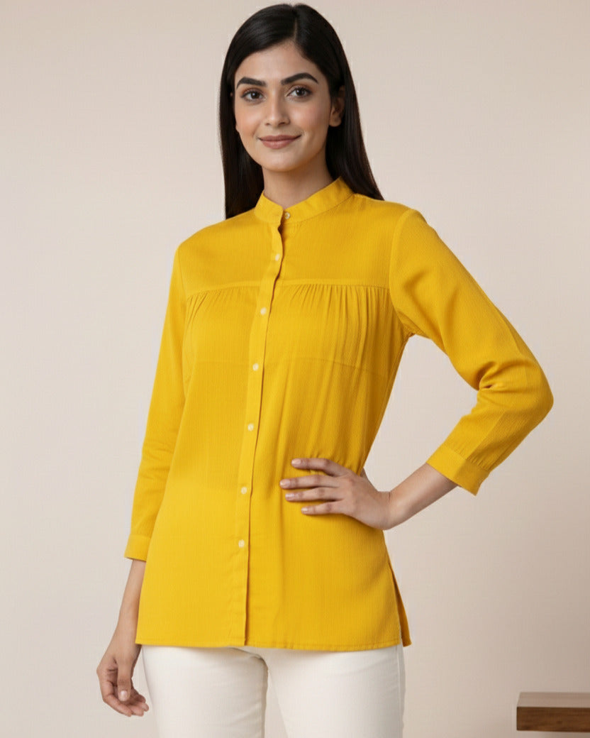 Women Rayon Slub Solid Mandarin Neck Regular Fit Shirt (W1746)