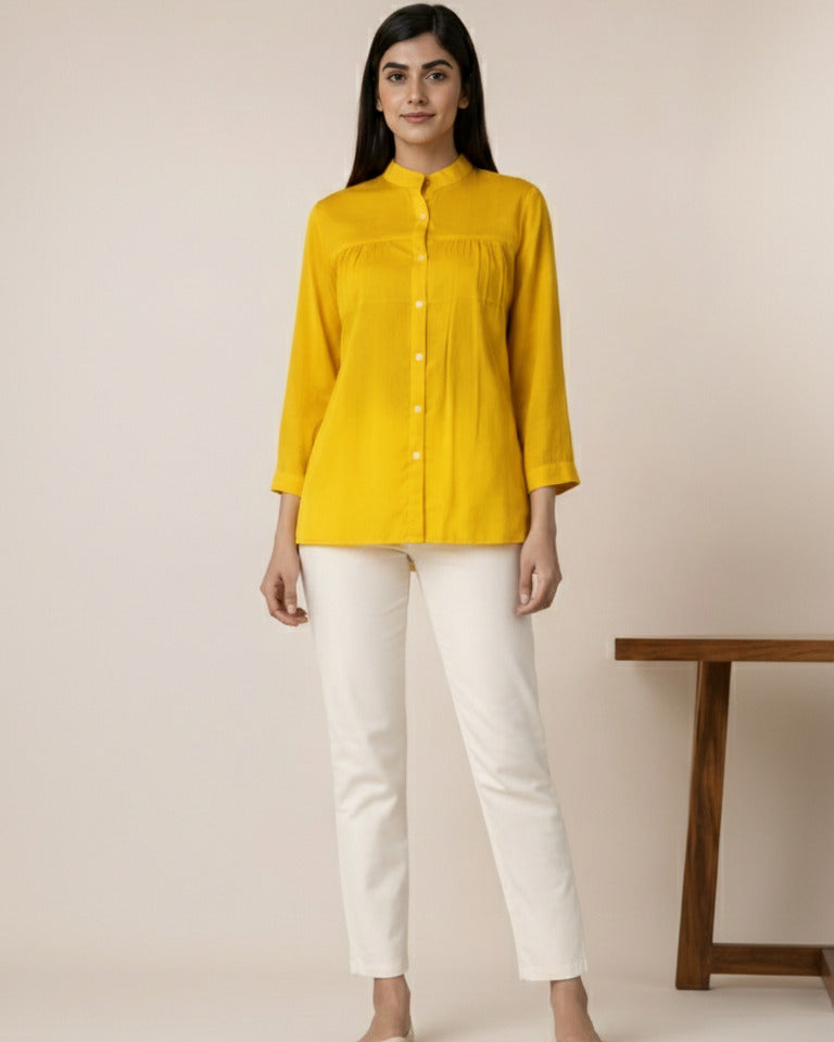 Women Rayon Slub Solid Mandarin Neck Regular Fit Shirt (W1746)