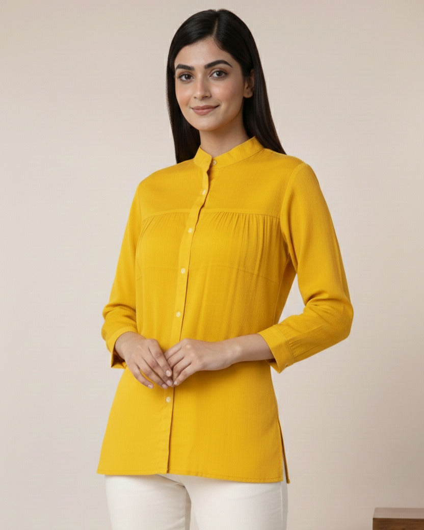 Women Rayon Slub Solid Mandarin Neck Regular Fit Shirt (W1746)