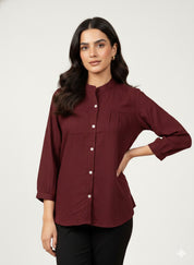 Women Rayon Slub Solid Mandarin Neck Regular Fit Shirt (W1747)