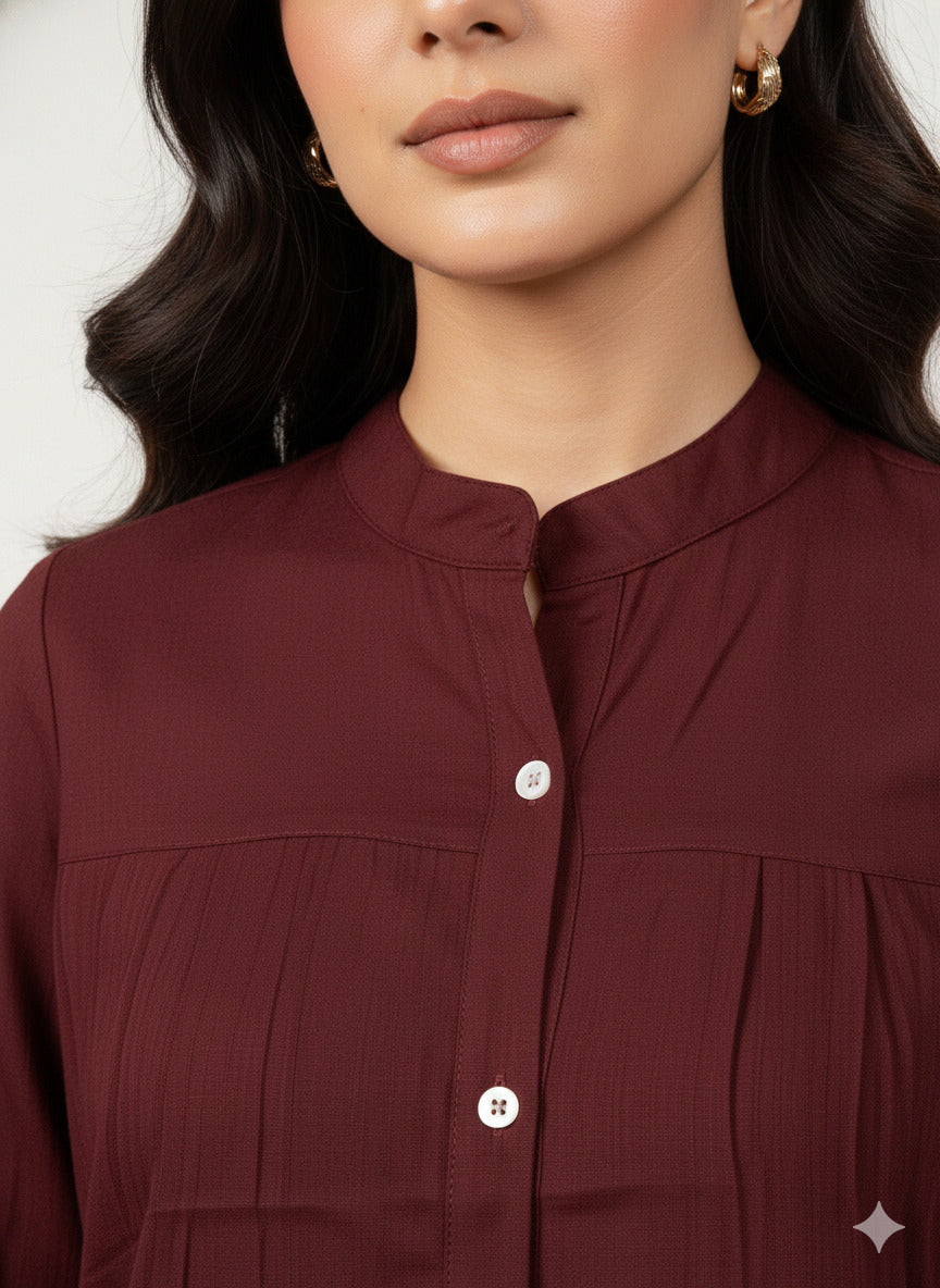 Women Rayon Slub Solid Mandarin Neck Regular Fit Shirt (W1747)