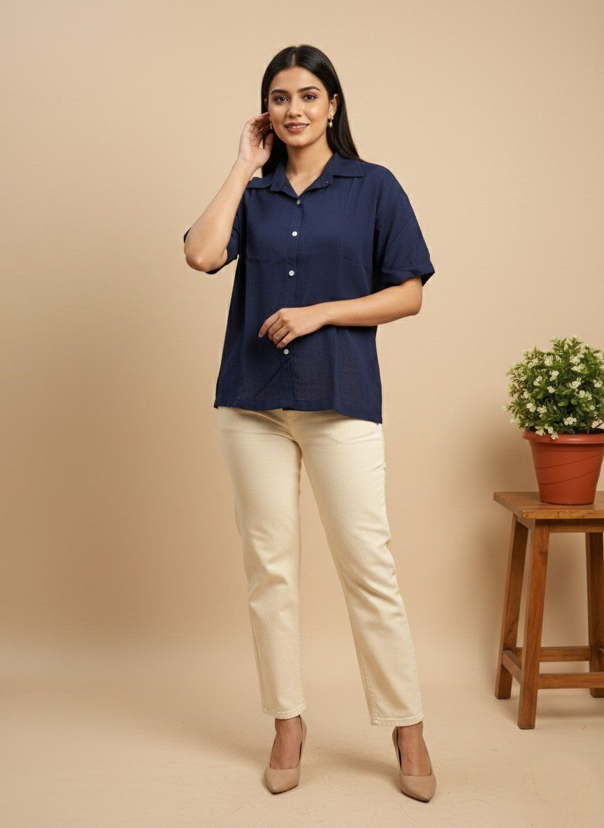 Women Rayon Slub Solid Spread Collar Regular Fit Shirt (W1748)