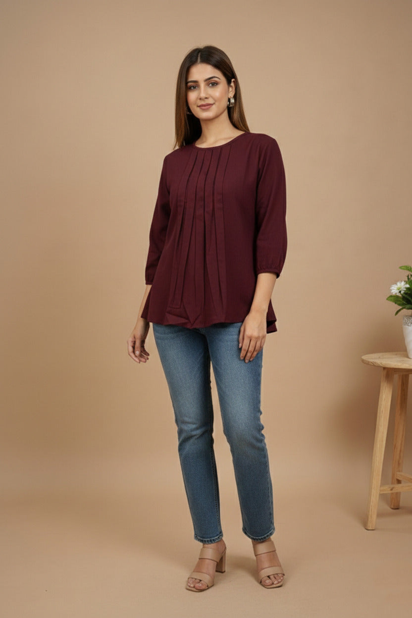 Women Rayon Slub Solid Round Neck Regular Fit Top (W1749)