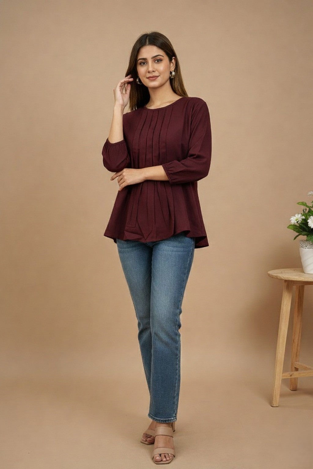 Women Rayon Slub Solid Round Neck Regular Fit Top (W1749)