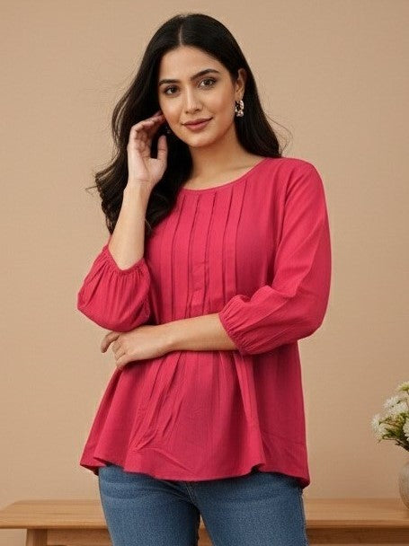 Women Rayon Slub Solid Round Neck Regular Fit Top (W1750)