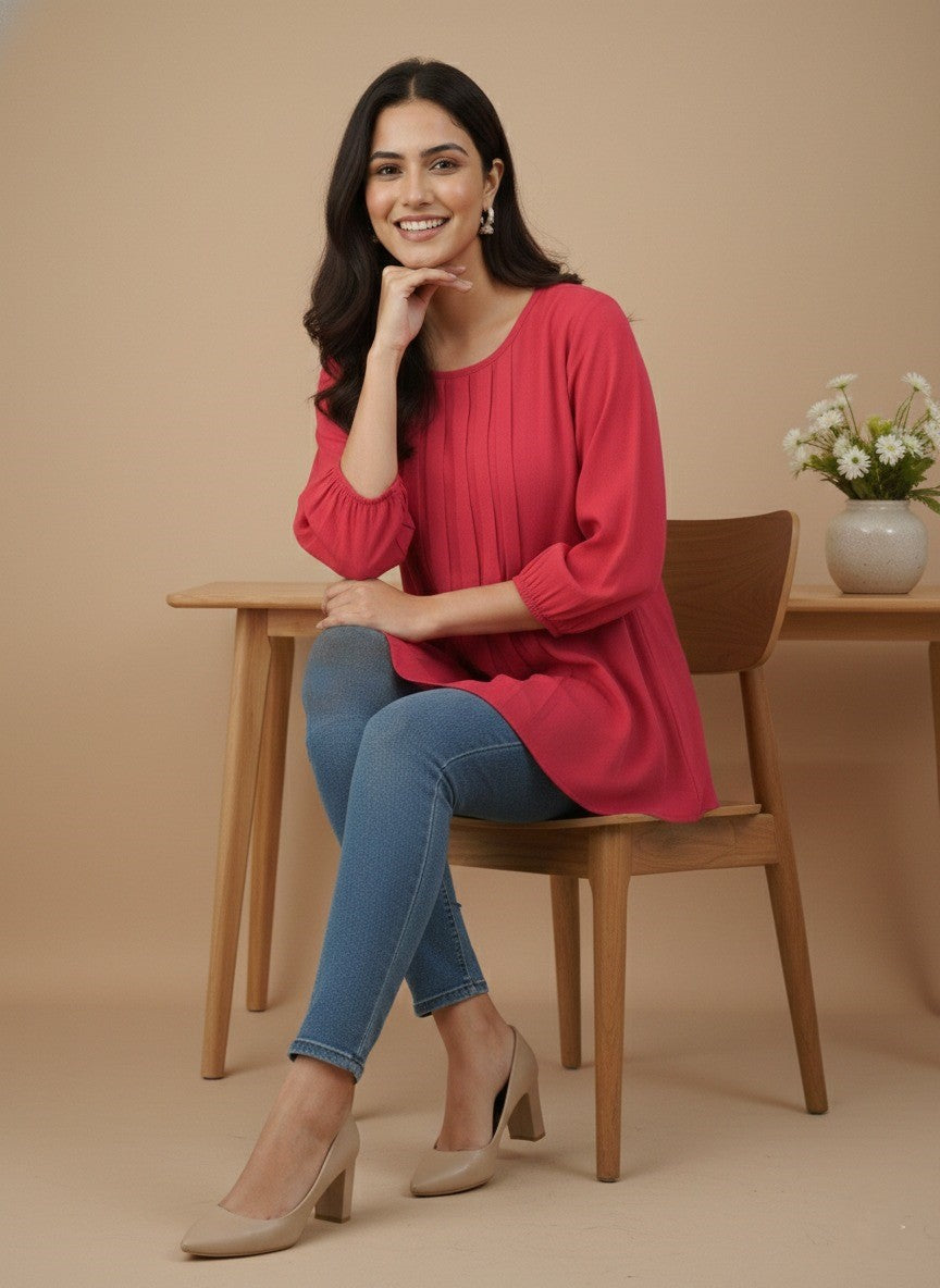Women Rayon Slub Solid Round Neck Regular Fit Top (W1750)