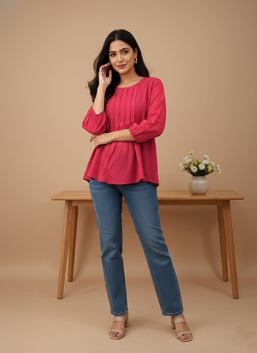 Women Rayon Slub Solid Round Neck Regular Fit Top (W1750)