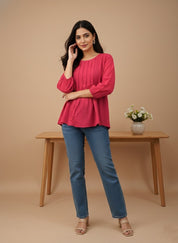 Women Rayon Slub Solid Round Neck Regular Fit Top (W1750)