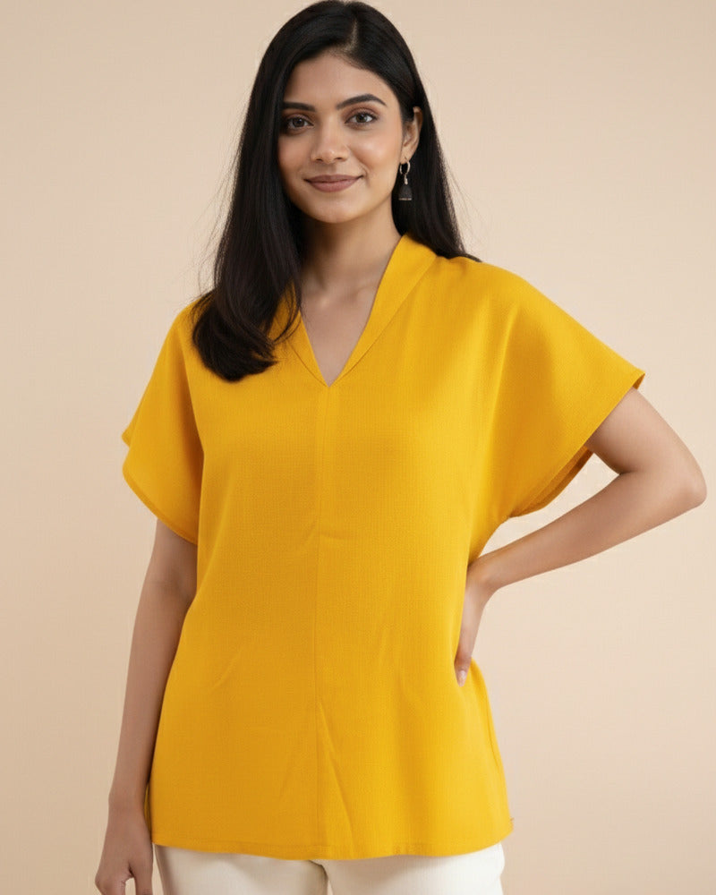 Women Rayon Slub Solid V-Neck Regular Fit Top (W1751)