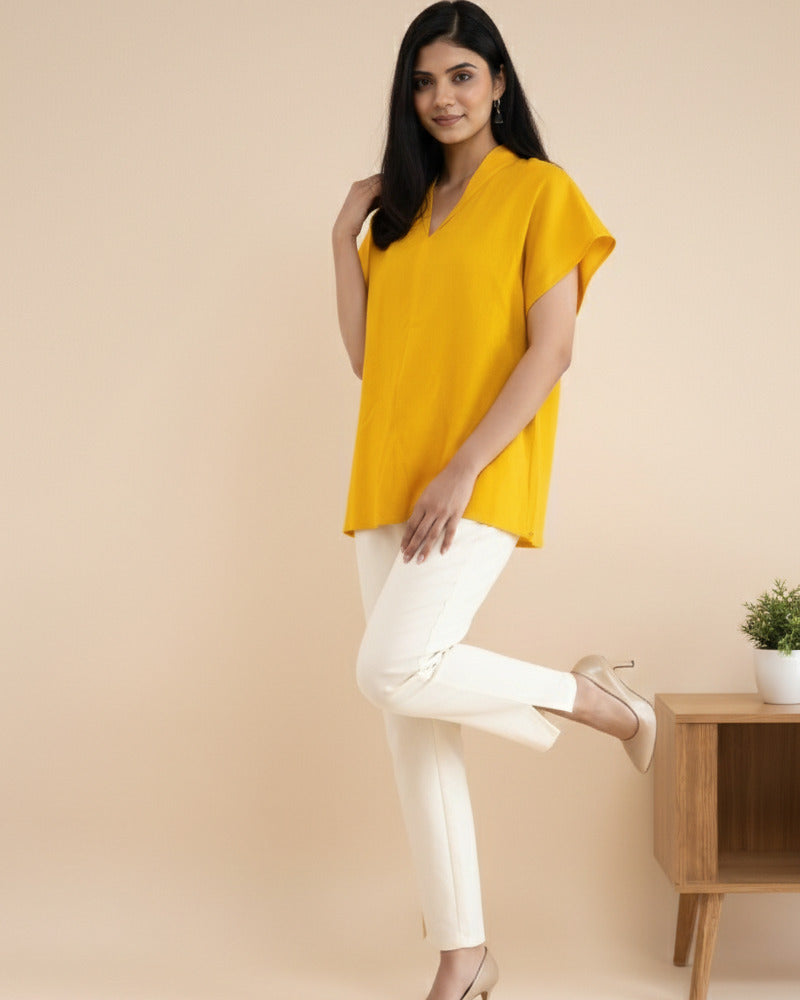 Women Rayon Slub Solid V-Neck Regular Fit Top (W1751)