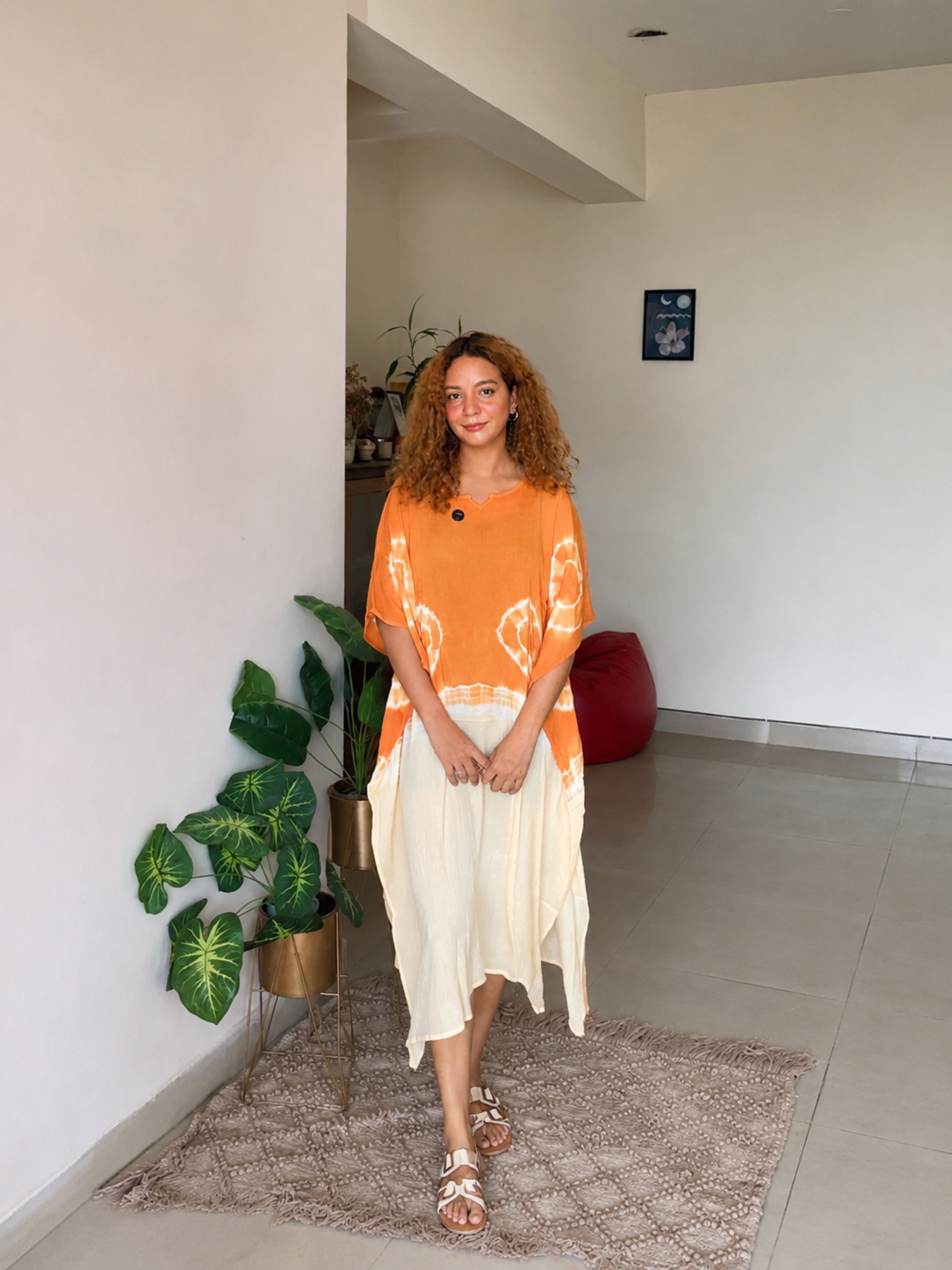 Women Handmade Tie & Dye Rayon Crepe Kaftan (W1755)