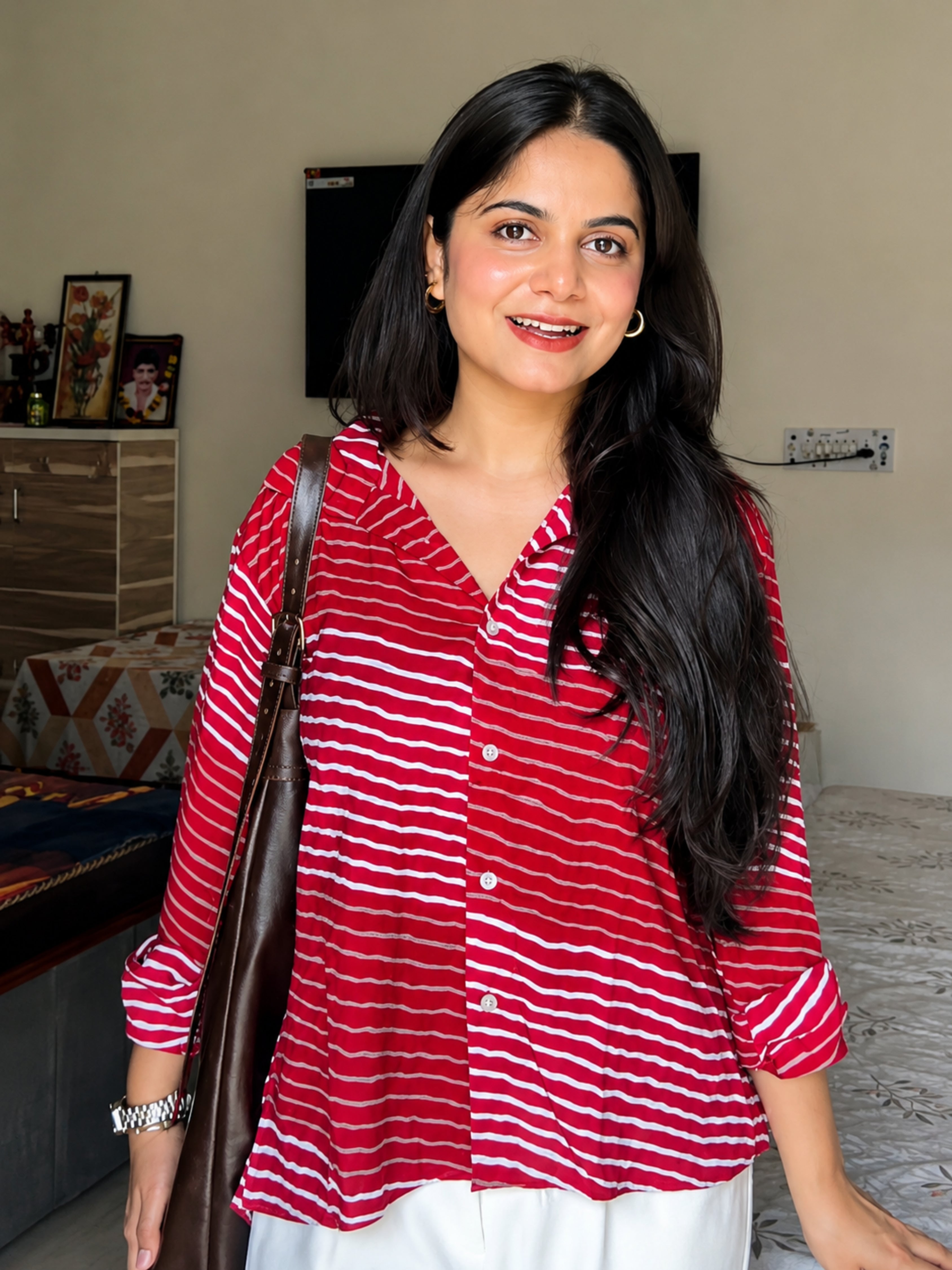 Women Rayon Slub Leheriya Print Spread Collar Regular Fit Shirt (W1760)