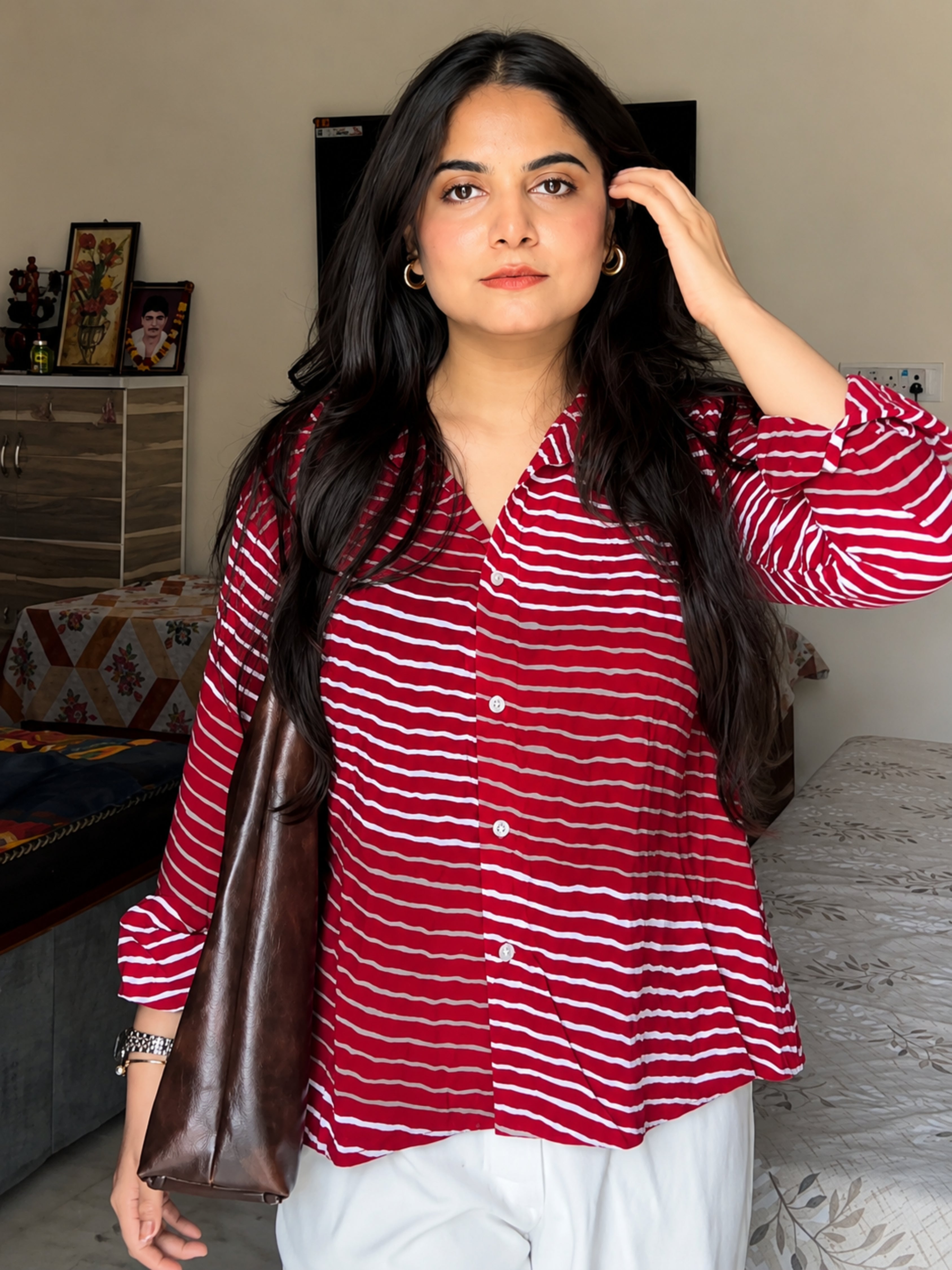 Women Rayon Slub Leheriya Print Spread Collar Regular Fit Shirt (W1760)