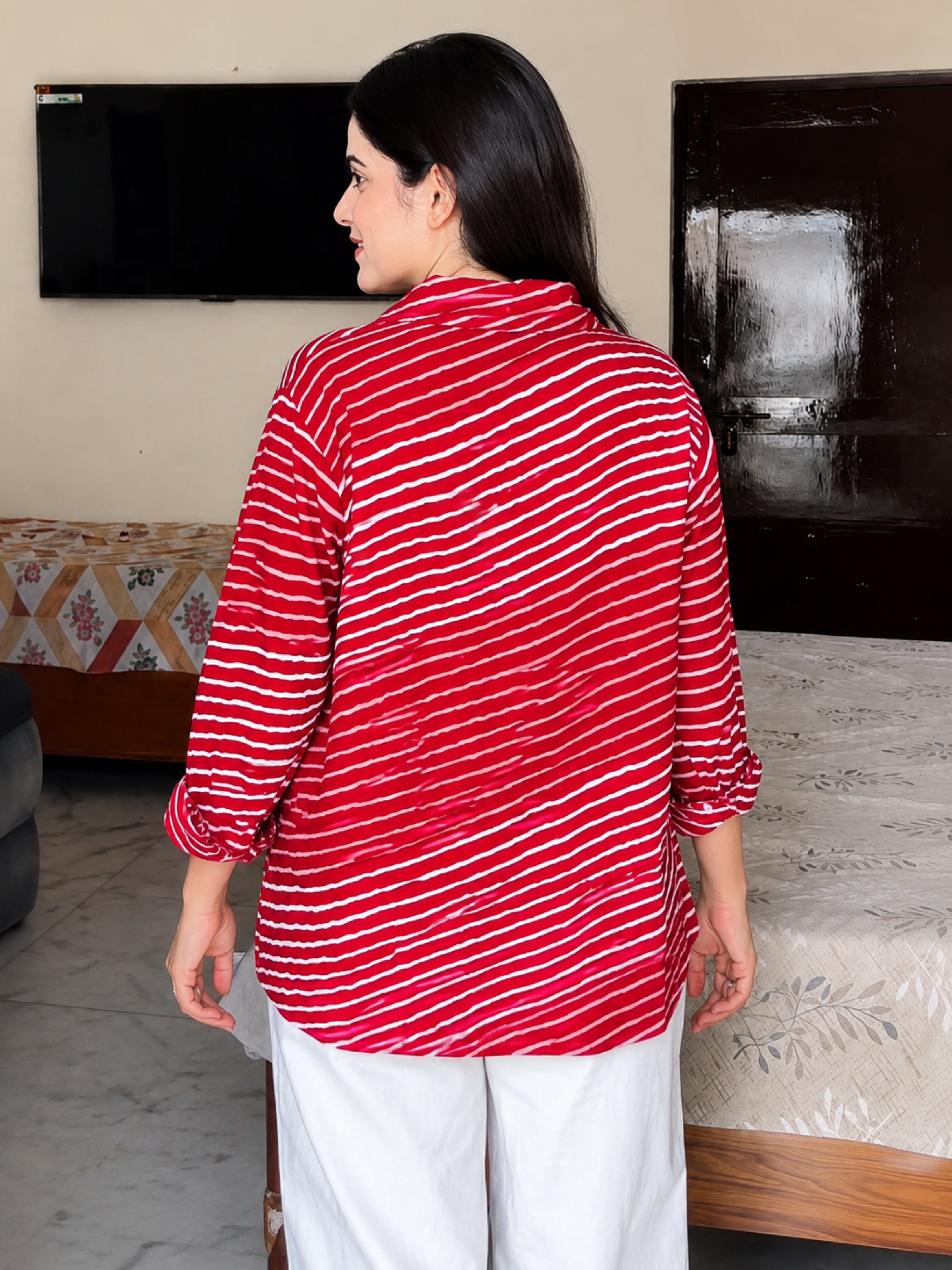 Women Rayon Slub Leheriya Print Spread Collar Regular Fit Shirt (W1760)