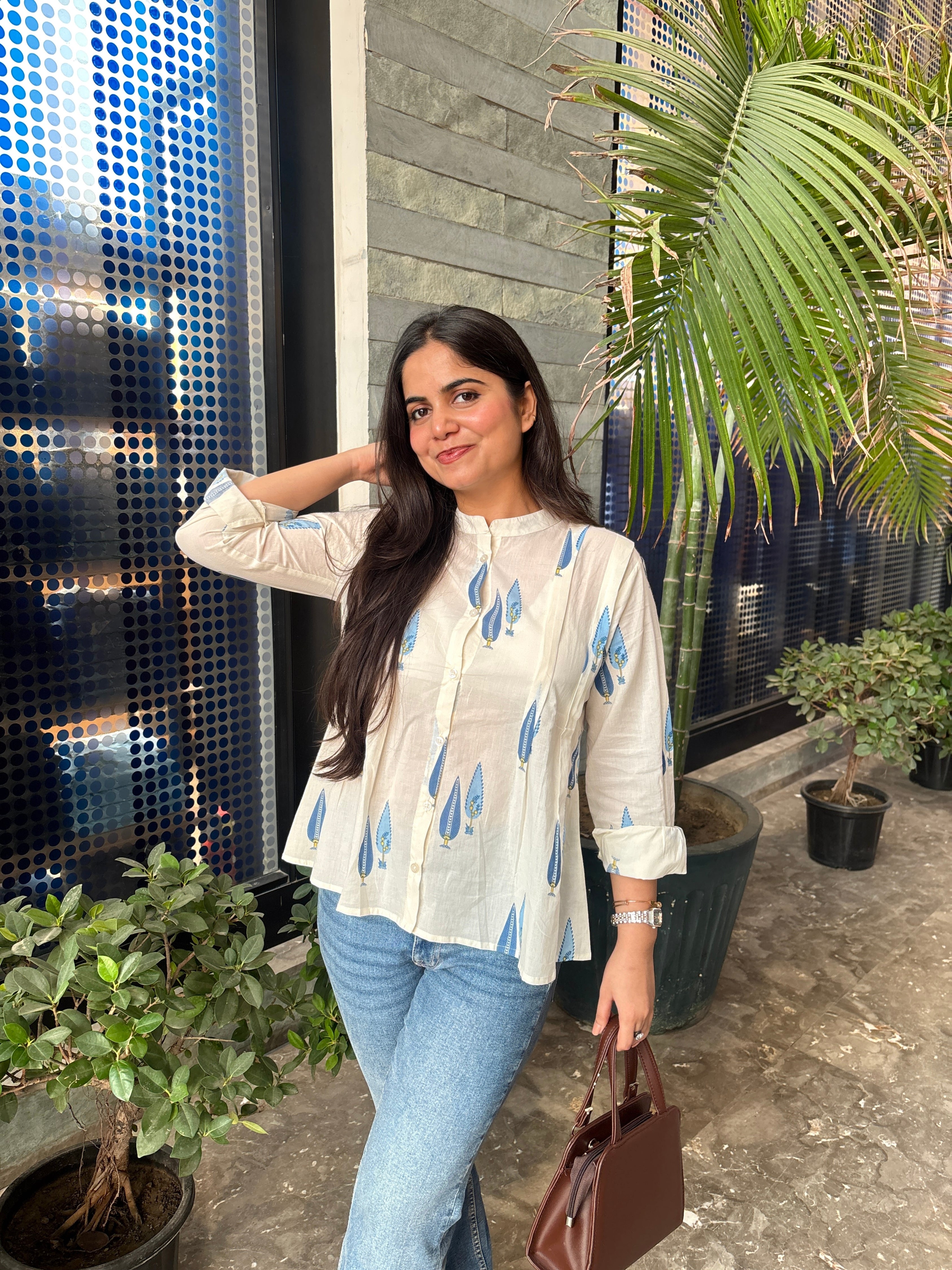Women Cotton Printed Mandarin Collar Regular Fit Shirt (W1765)