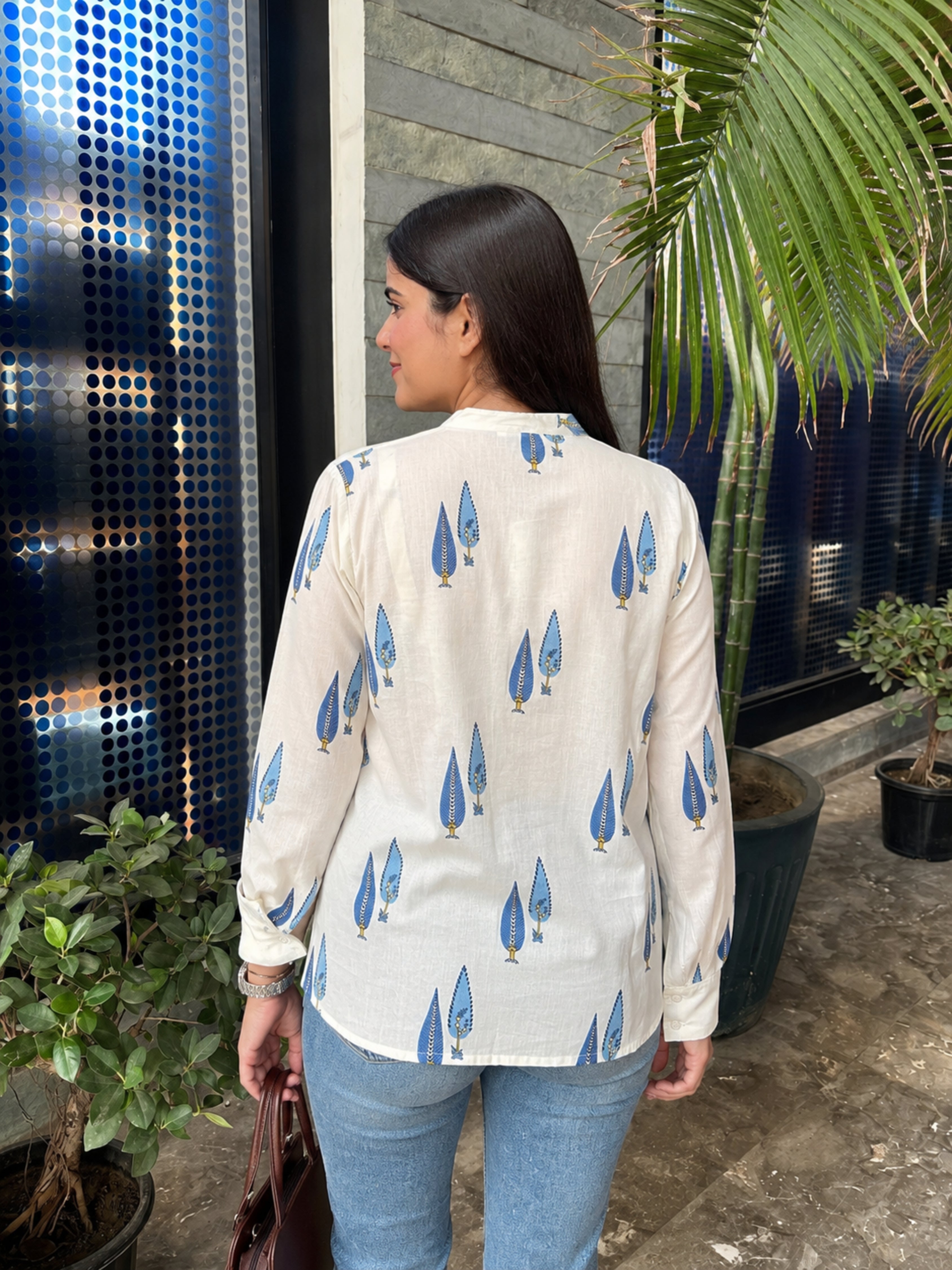 Women Cotton Printed Mandarin Collar Regular Fit Shirt (W1765)