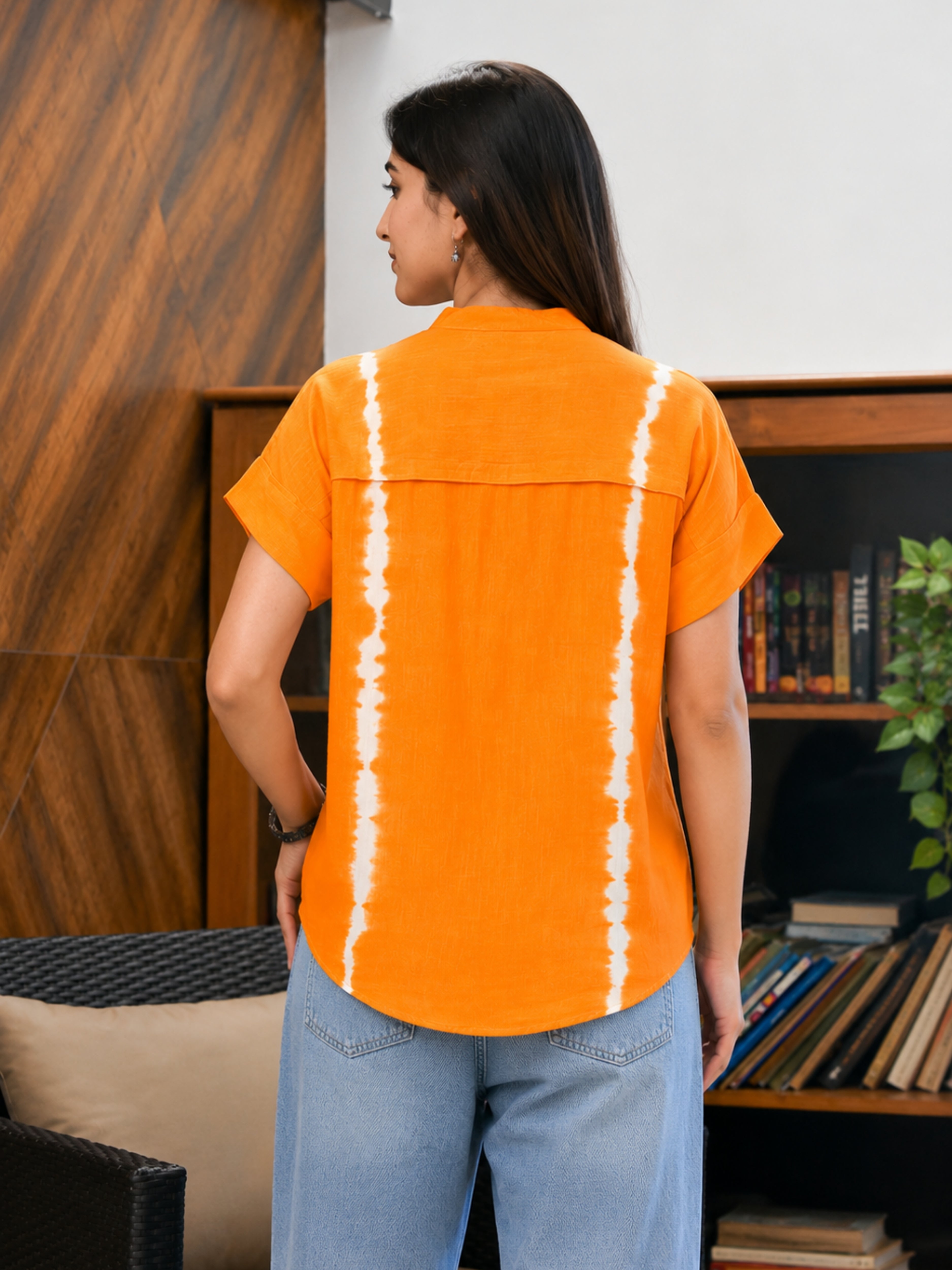 Women Rayon Tie & Dye Mandarin Collar Casual Regular Fit Top (W1768)
