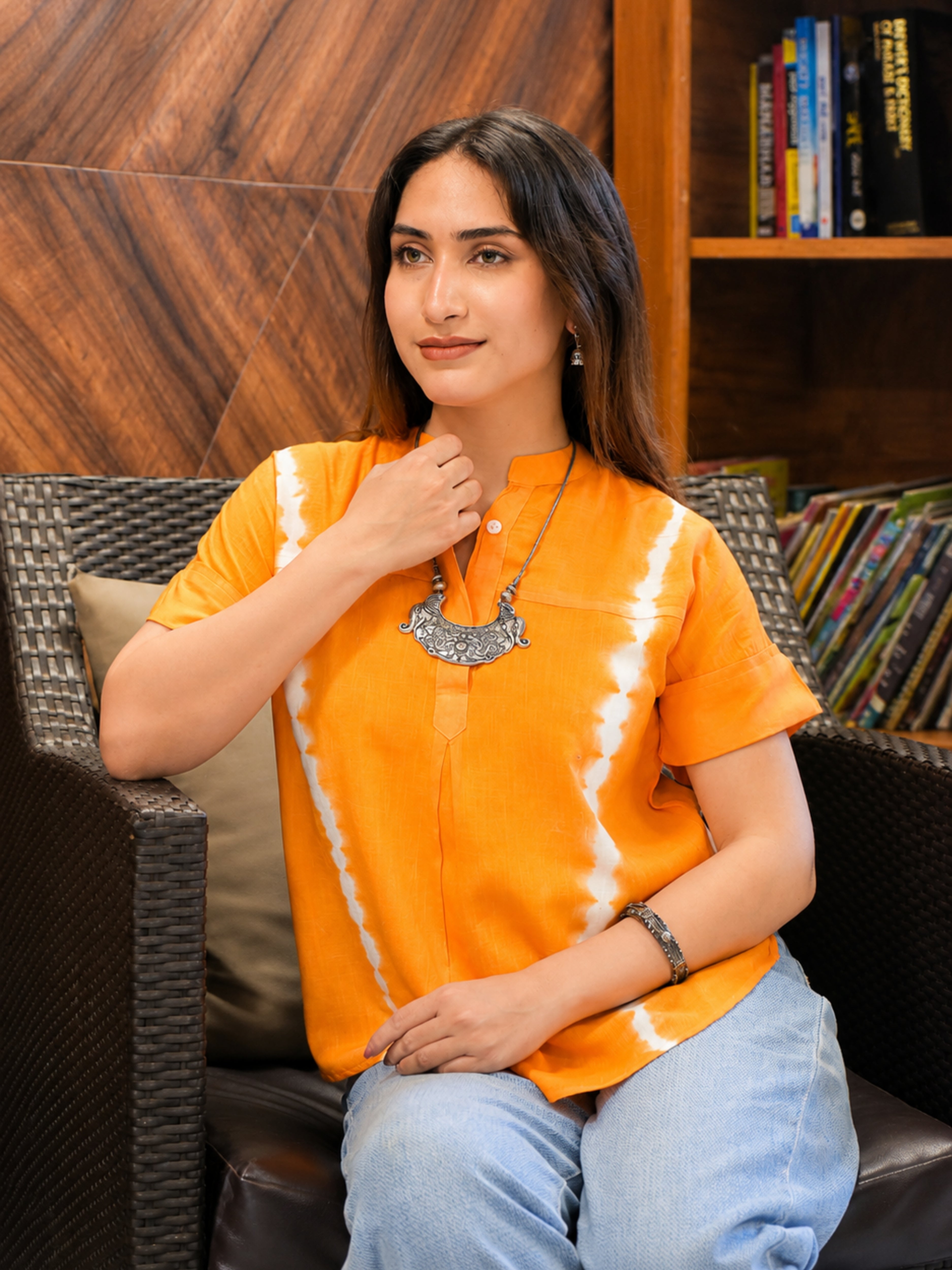 Women Rayon Tie & Dye Mandarin Collar Casual Regular Fit Top (W1768)