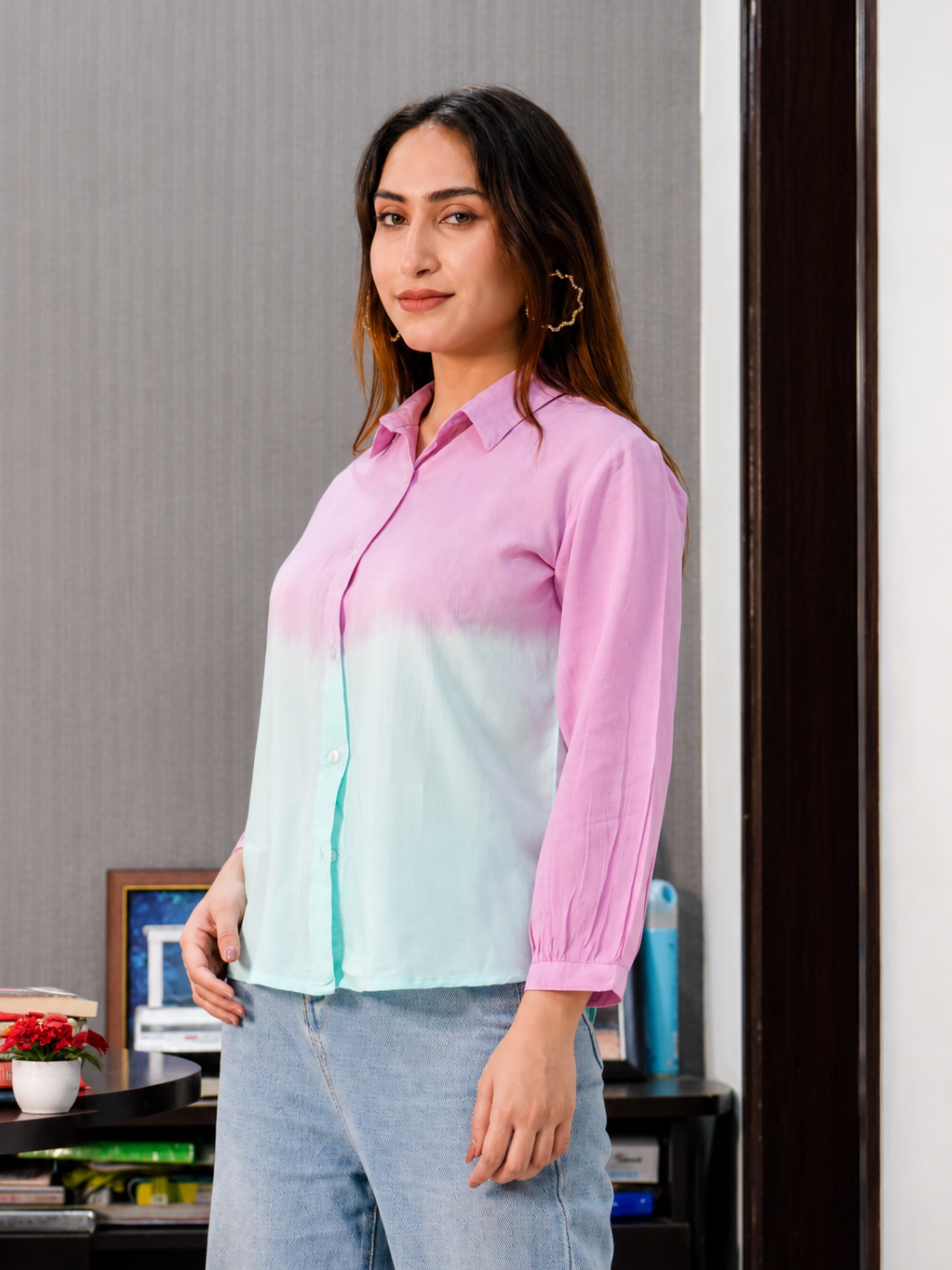 Women Rayon Staple Tie & Dye Casual Regular Fit Shirt (W1773)