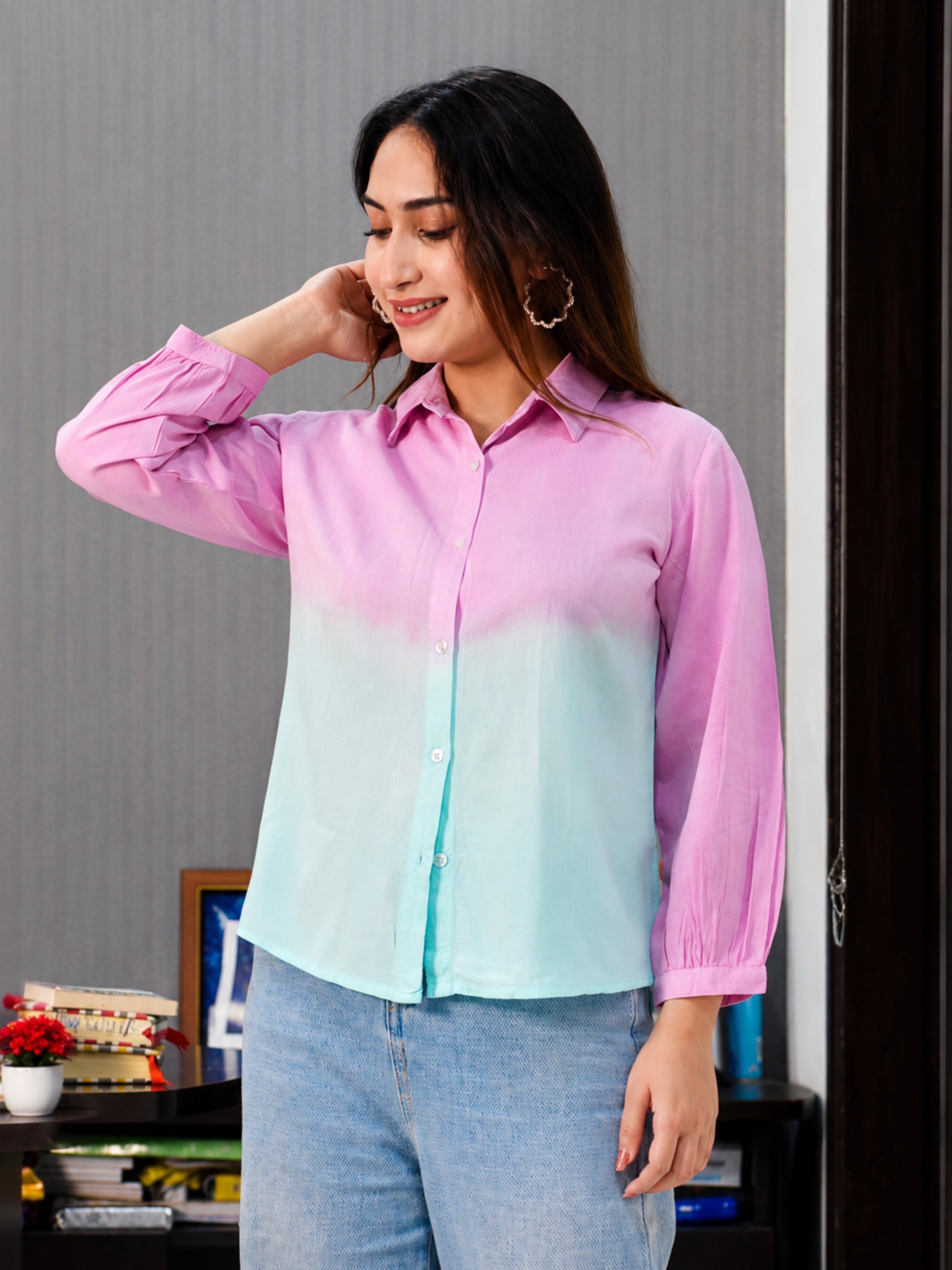 Women Rayon Staple Tie & Dye Casual Regular Fit Shirt (W1773)