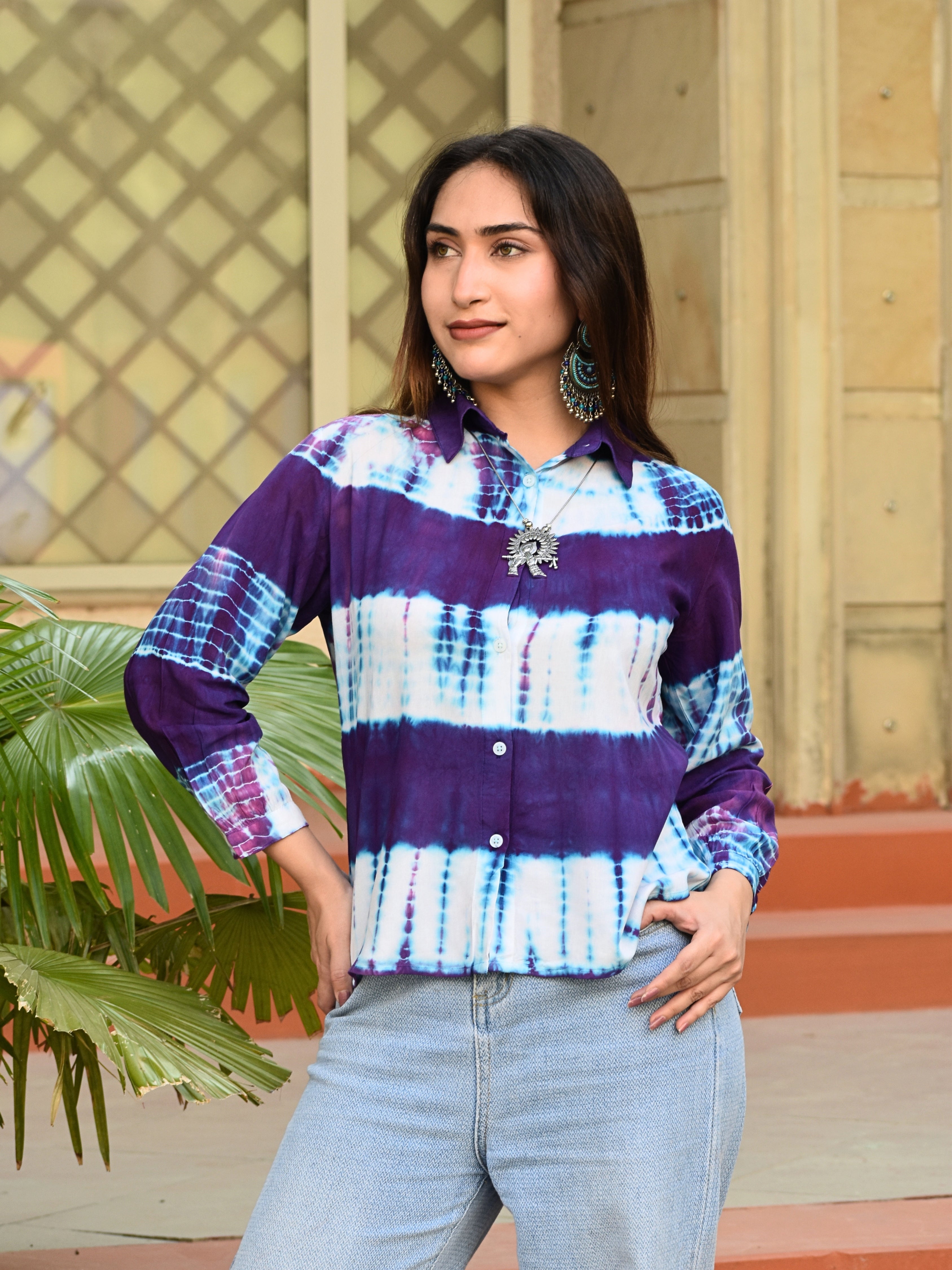 Women Rayon Staple Tie & Dye Spread Collar Regular Fit Shirt (W1774)