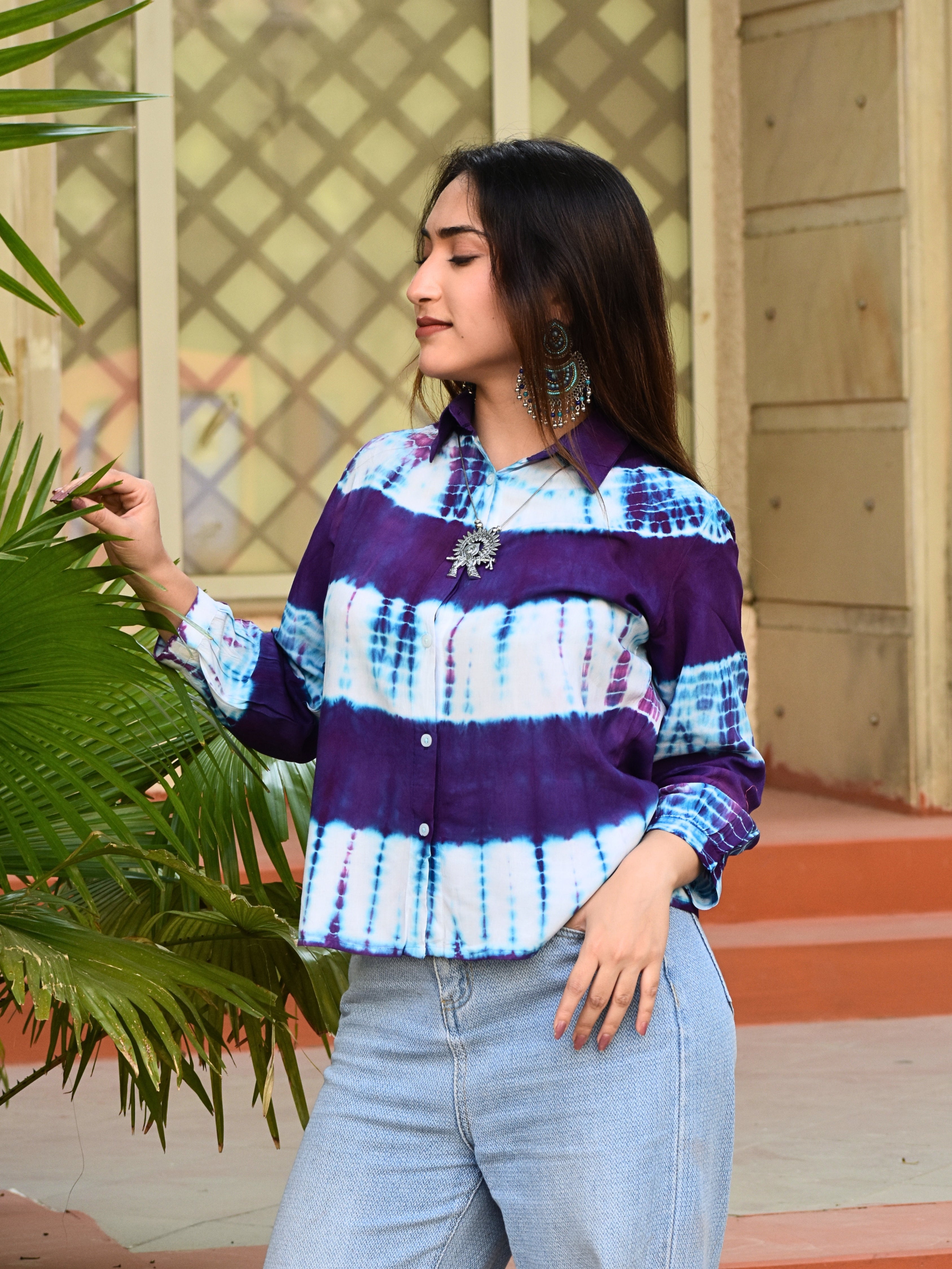 Women Rayon Staple Tie & Dye Spread Collar Regular Fit Shirt (W1774)