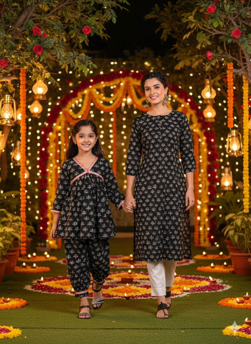 Women Printed Kurta With Matching Kids Kurta Set Mother Daughter Combo (COMBOMD9027)