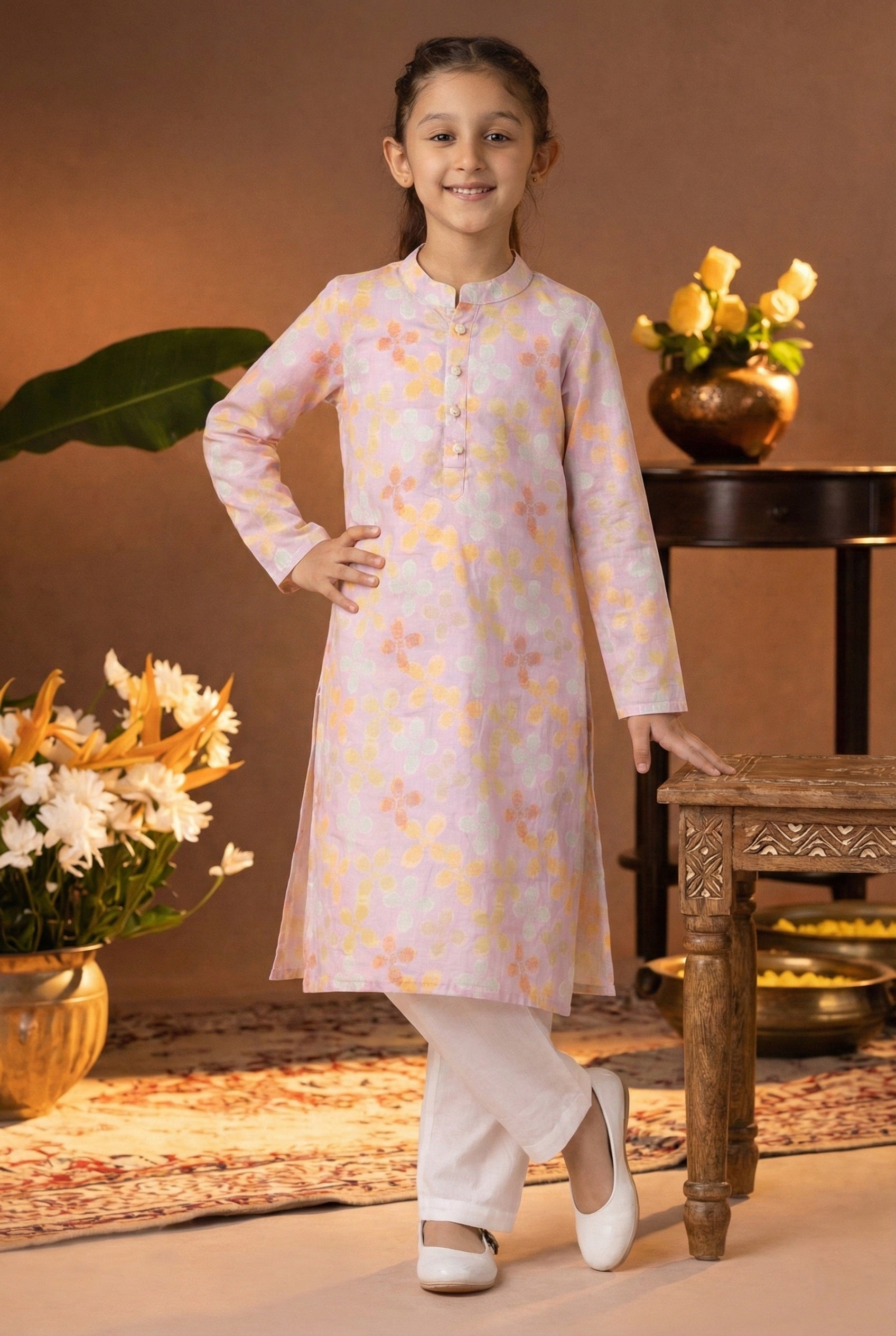 Printed Cotton Kurta Pyjama Set For Girls (K11085)