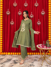 Maaesa Luxe Green Mulchanderi Festive Kurta Set | Kurta Bottom Dupatta (W10009)