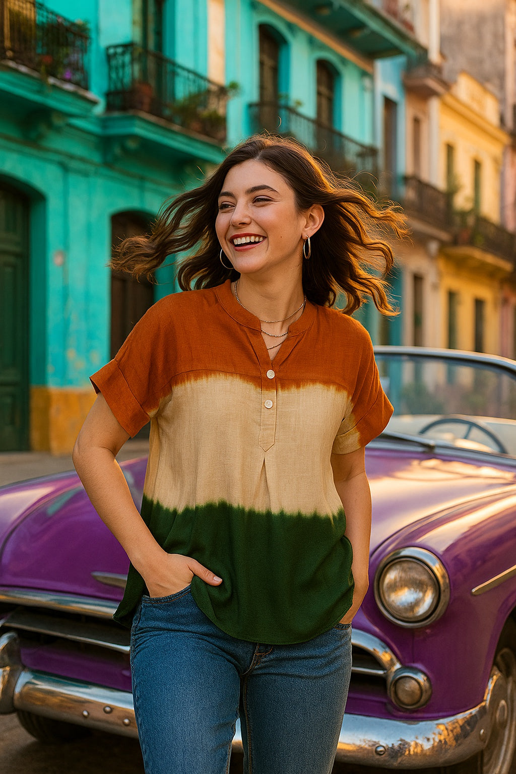 Indian Flag-Inspired Tri-Colored Ombre Dyed Casual Rayon Top (W1416)