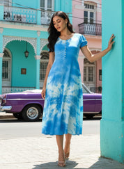 Rayon Tie and Dye Sky Blue A-Line Midi Dress (W1282)