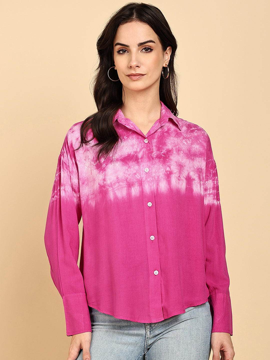 Women Casual Rayon Staple Tie & Dye Spread Collar Full Sleeves Loose Fit Shirt (W1695)