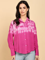 Women Casual Rayon Staple Tie & Dye Spread Collar Full Sleeves Loose Fit Shirt (W1695)