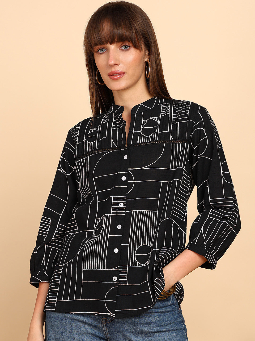 Women Cotton Slub Printed Mandarin Collar Regular Fit Shirt (W1763)
