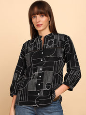 Women Cotton Slub Printed Mandarin Collar Regular Fit Shirt (W1763)