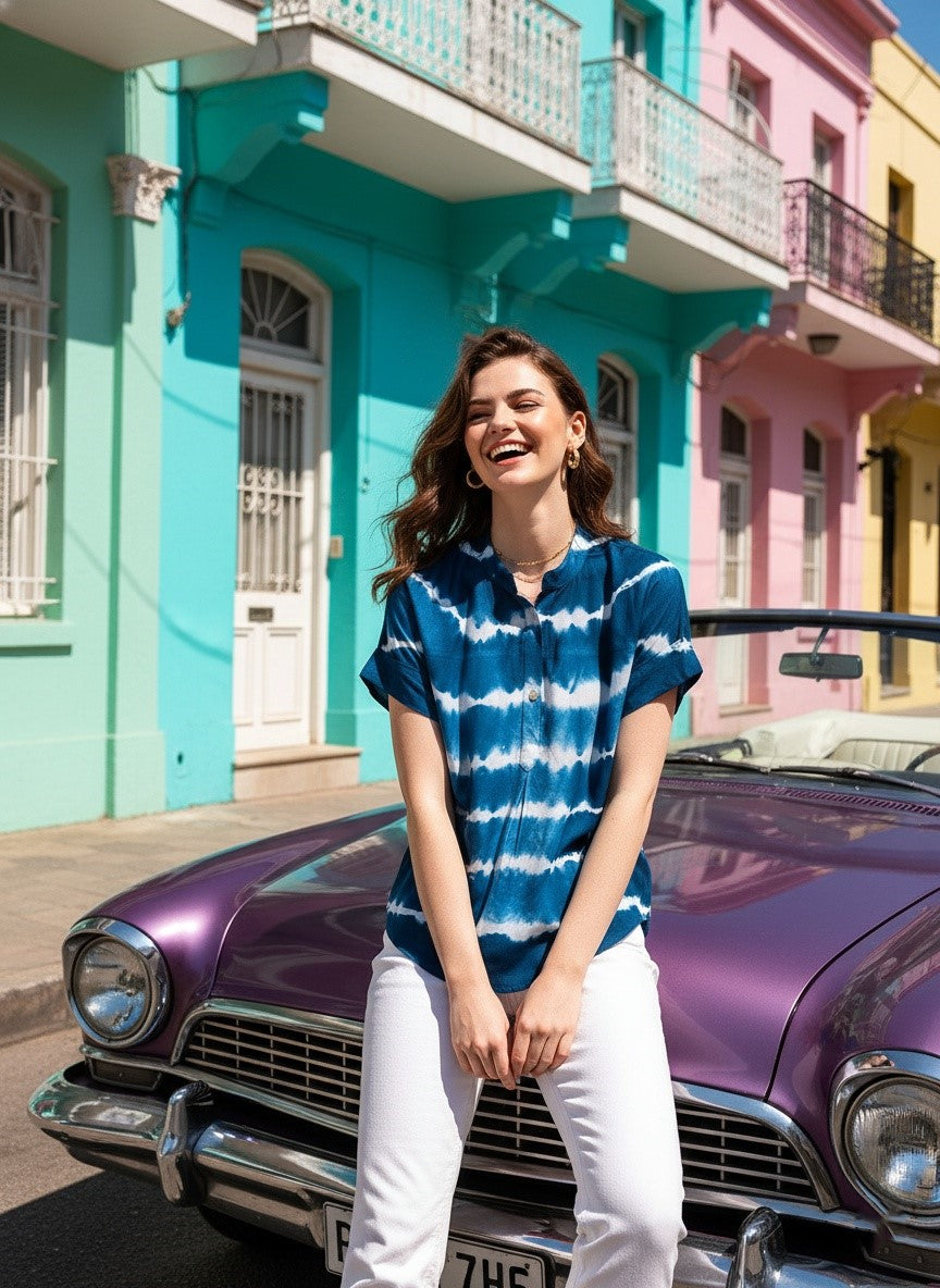 Vibrant Navy Blue Tie-Dye Everywhere Top In Soft Rayon (W1543)