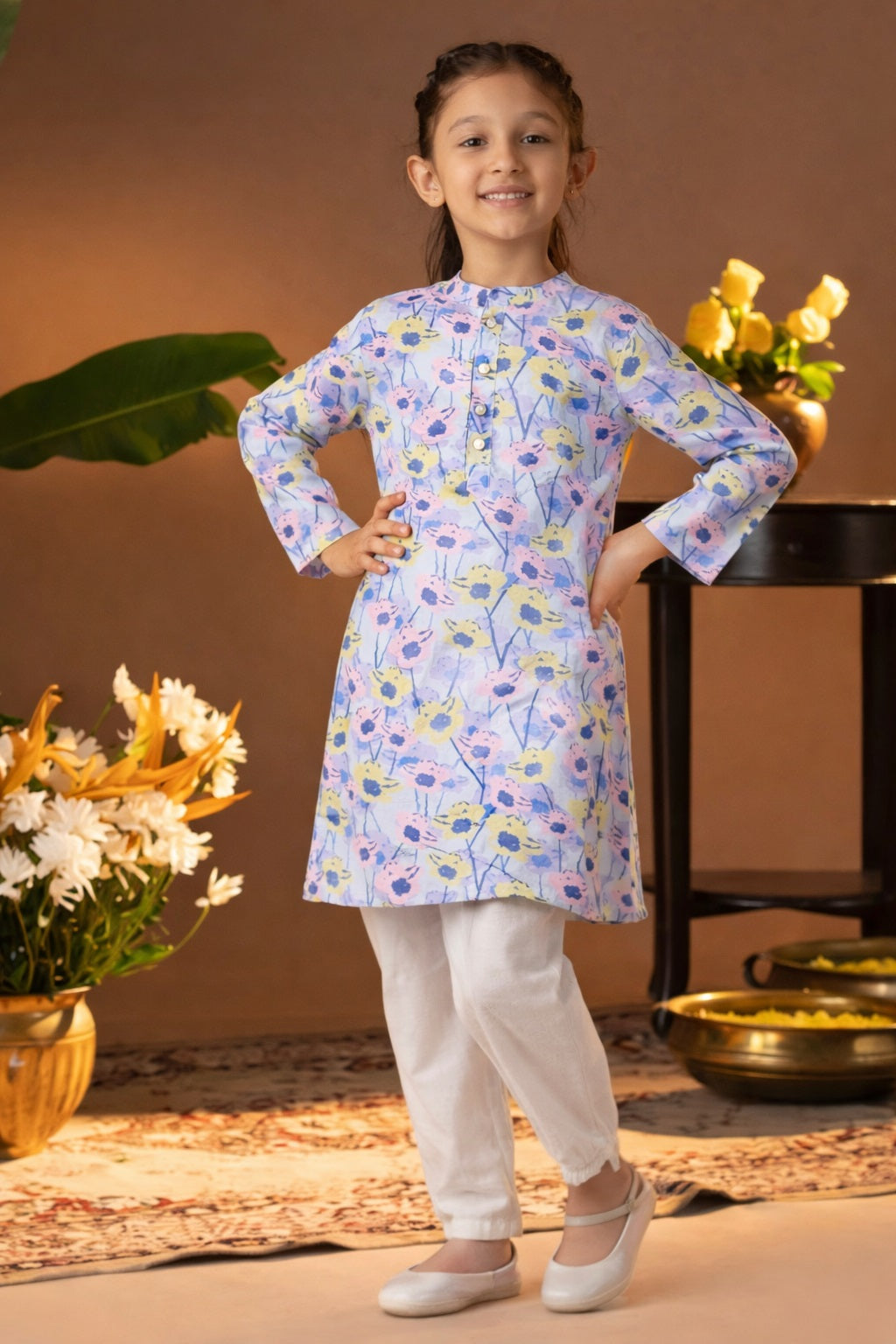 Printed Cotton Kurta Pyjama Set For Girls (K11082)