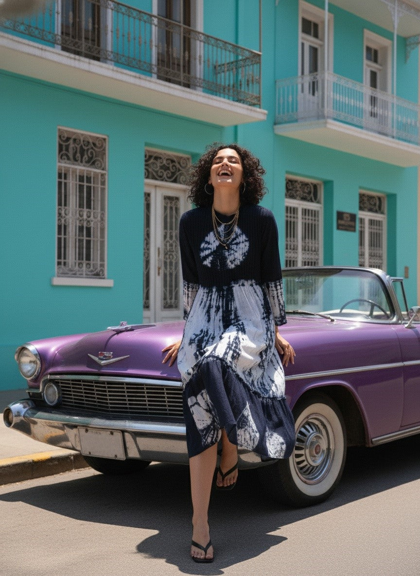 Women Handmade Floral Cotton Blend Flared Dark Blue Dress (W1606)