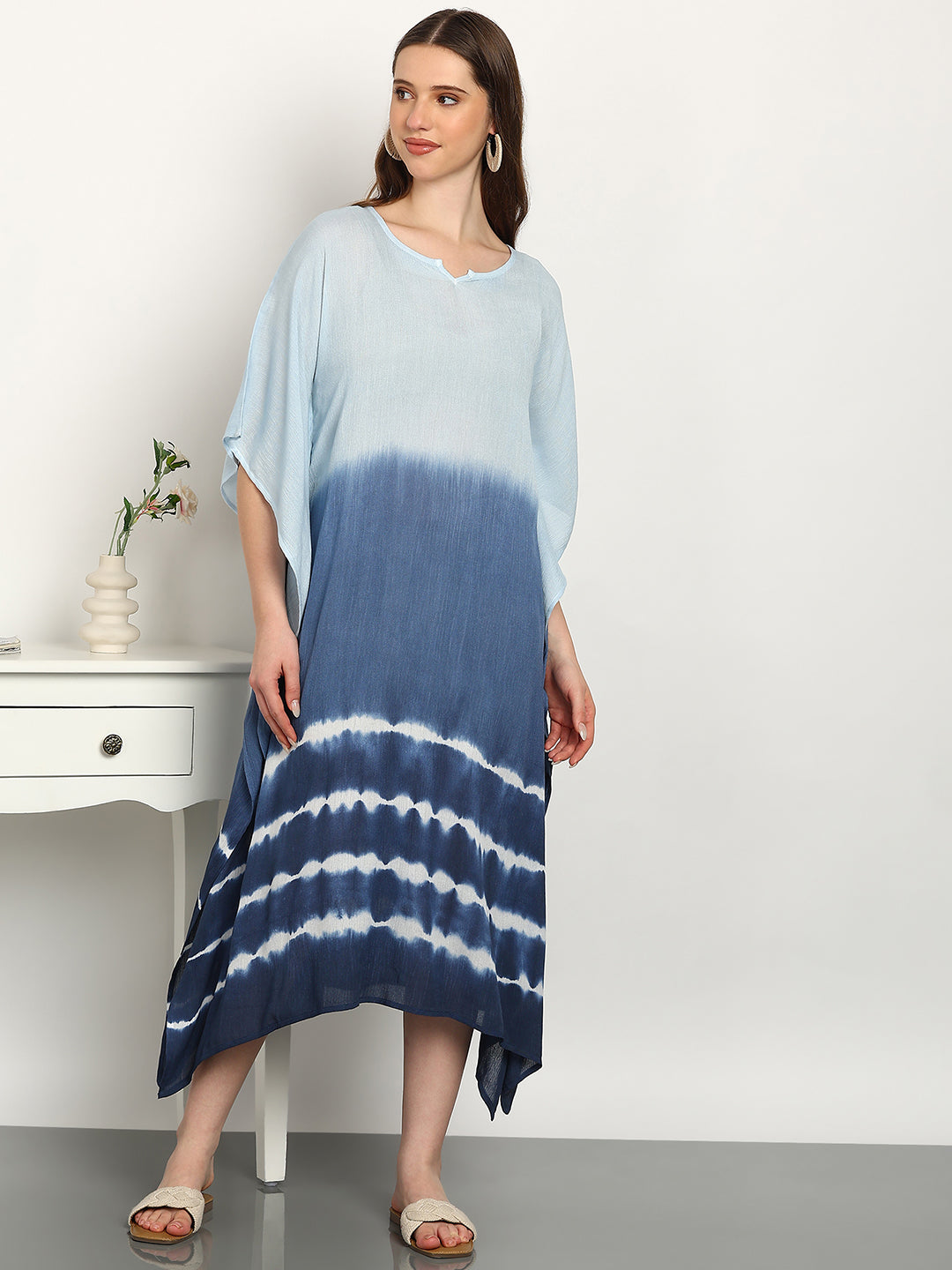 Women Tie & Dye Rayon Crepe Kaftan Dress (W1721)