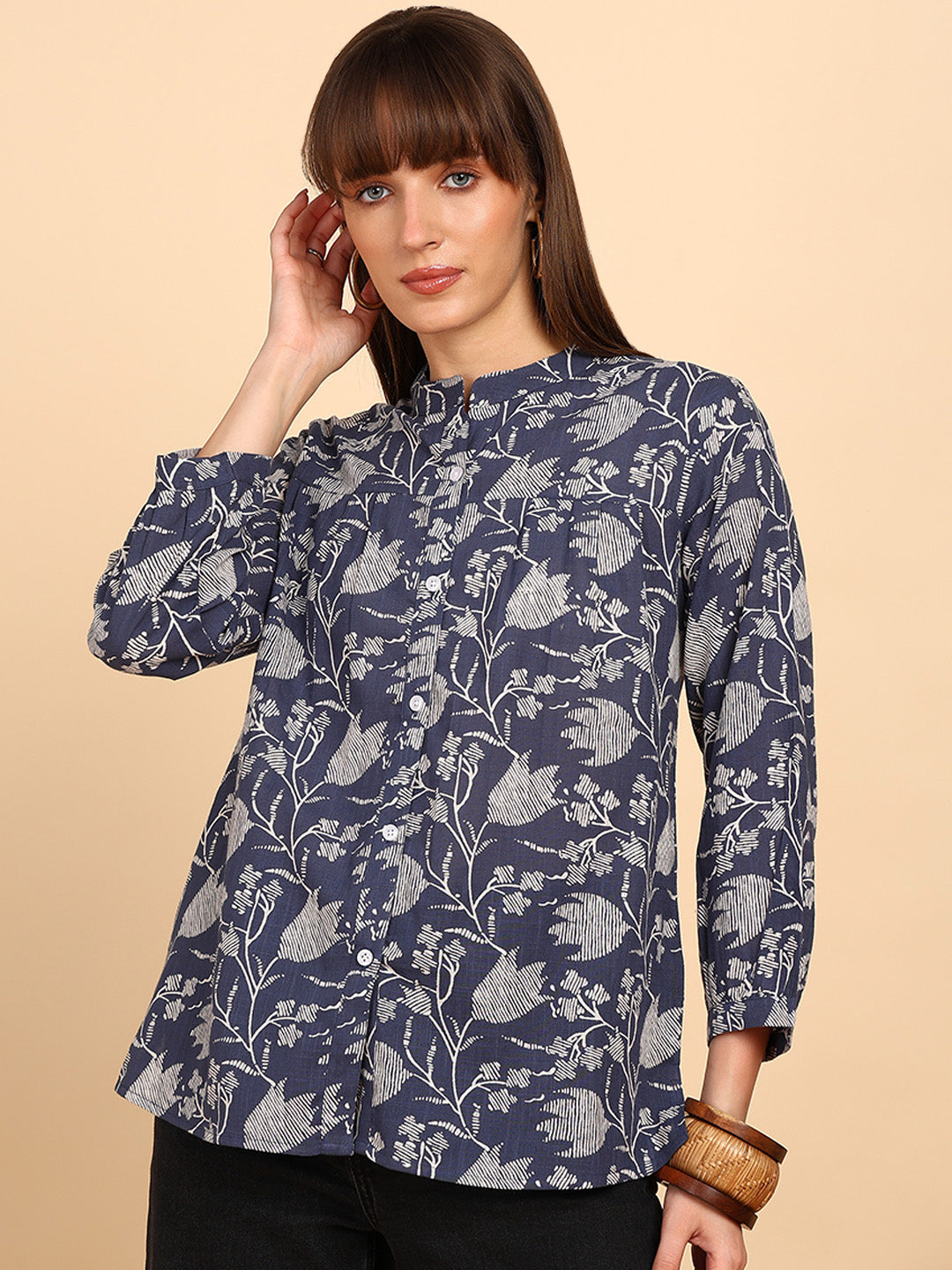 Women Cotton Slub Printed Mandarin Collar Regular Fit Shirt (W1767)
