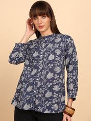 Women Cotton Slub Printed Mandarin Collar Regular Fit Shirt (W1767)
