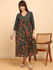 Women Cotton Floral Printed Flared/A-Line Dress (W1778)