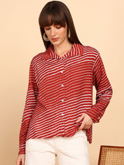 Women Rayon Slub Leheriya Print Spread Collar Regular Fit Shirt (W1760)