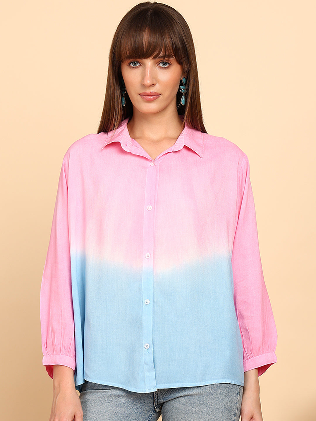 Women Rayon Staple Tie & Dye Spread Collar Regular Fit Shirt (W1775)