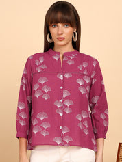 Women Cotton Slub Printed Mandarin Collar Regular Fit Shirt (W1762)