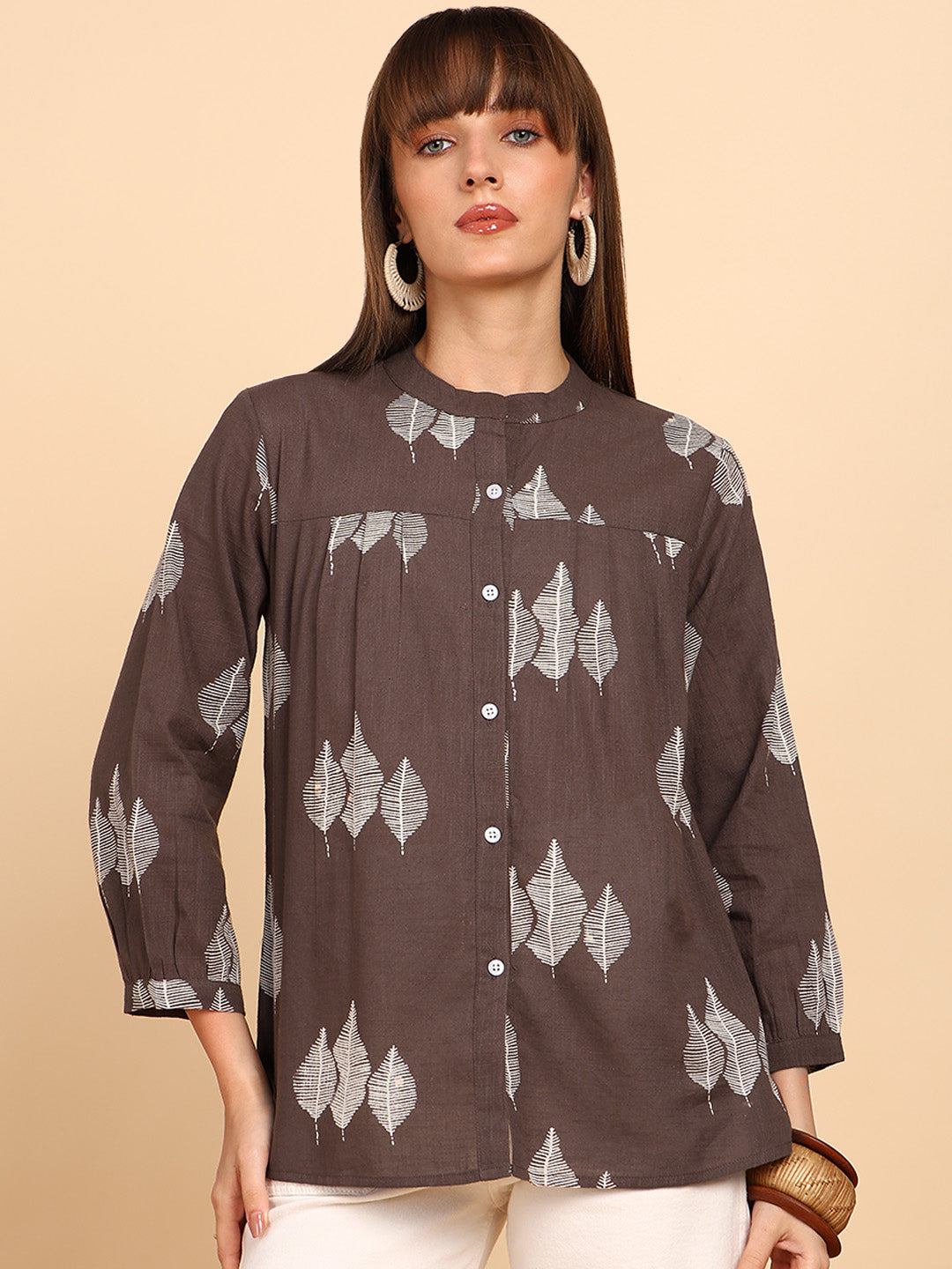 Women Cotton Slub Printed Mandarin Collar Regular Fit Shirt (W1766)